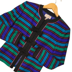 Vintage Papell Petites Womens Silk Snap Button Blazer 6P Striped Career Jacket